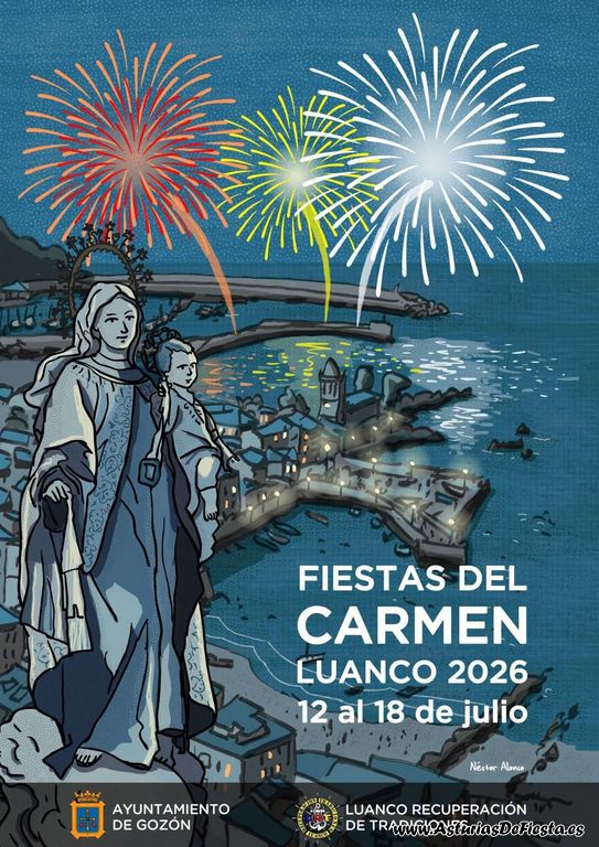 Cartel oficial de las Fiestas del Carmen de Luanco 2026: la Virgen del Carmen sobre el puerto y fuegos artificiales